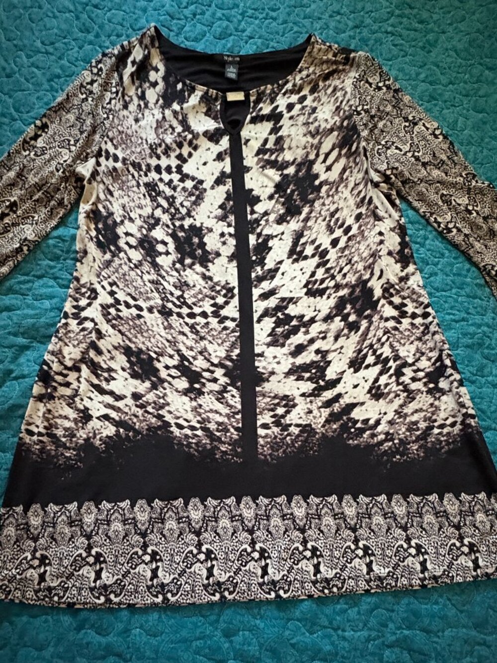 Style & Co. Black Cream Floral Midi Flare Dress 3/4 Sleeve Size L